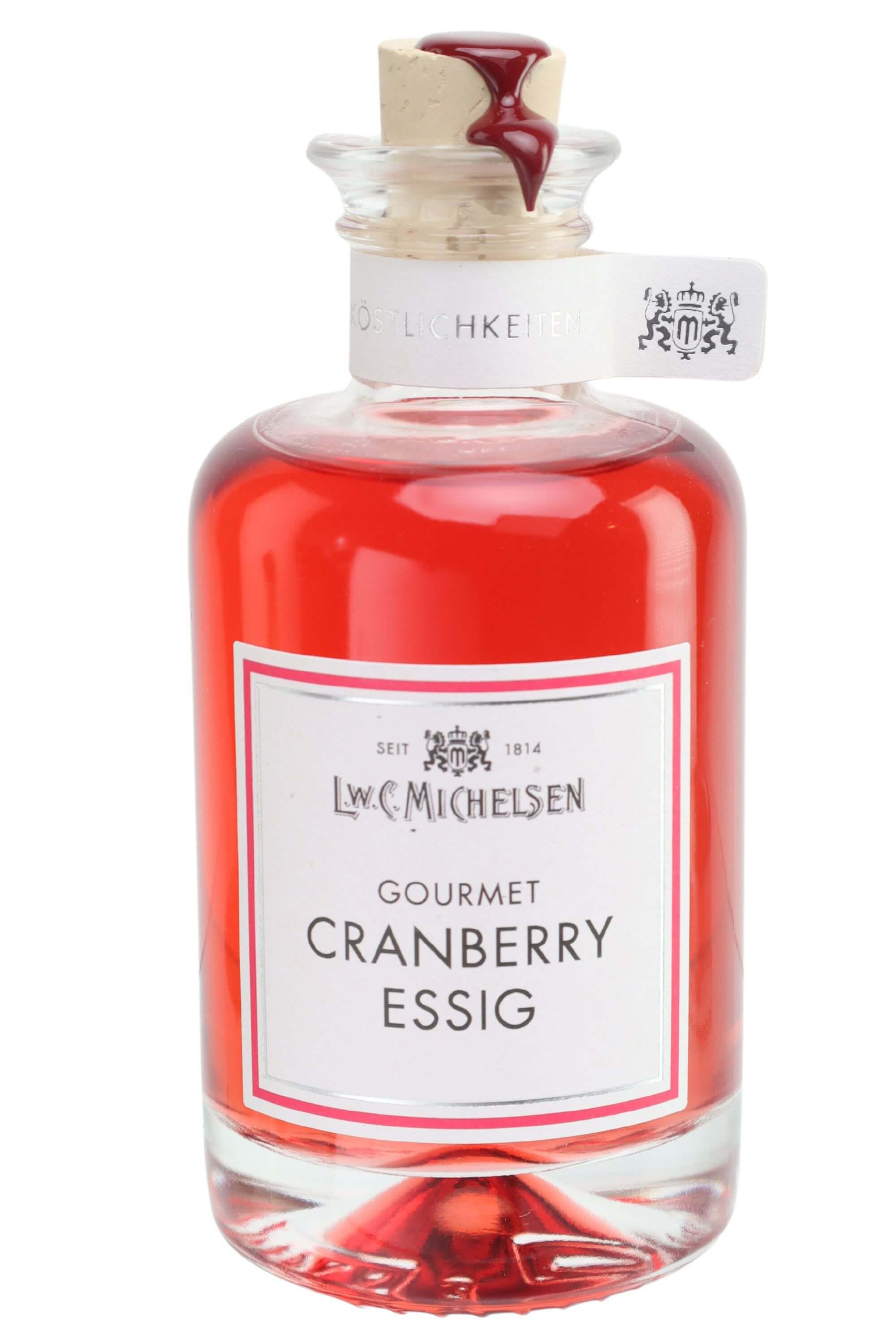 Gourmet Cranberry Essig von L.W.C. Michelsen in dekorativer Glasflasche mit Korkverschluss und rotem Wachssiegel – fruchtiger Feinkostessig