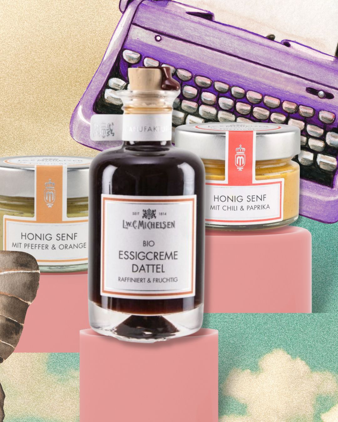 Produktbild von L.W.C. Michelsen Essigcreme Dattel, Honig Senf mit Pfeffer & Orange und Honig Senf mit Chili & Paprika vor einer violetten Schreibmaschine.