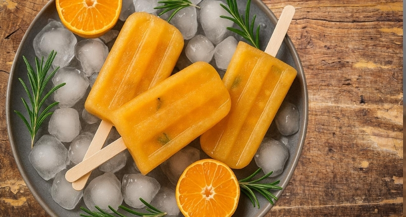 Drei orangefarbene Eislutscher liegen auf einem Bett aus Eiswürfeln, verziert mit frischen Rosmarinzweigen und halbierten Orangen.