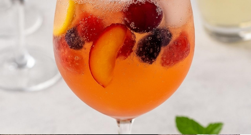 Ein Glas voller erfrischender Sommer-Cocktail mit Nektarinen, Beeren und Eiswürfeln