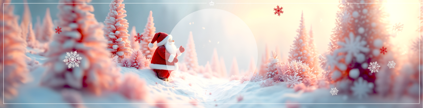 Ein Weihnachtsmann steht in einem verschneiten Winterwald, umgeben von pinkfarbenen Tannenbäumen bei Sonnenuntergang.