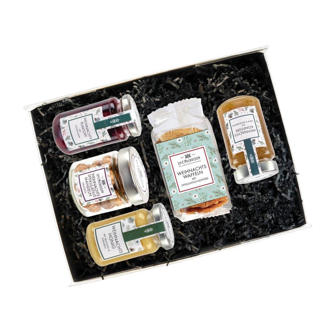 Geöffnete Geschenkbox mit Weihnachts-Feinkost von Michelsen