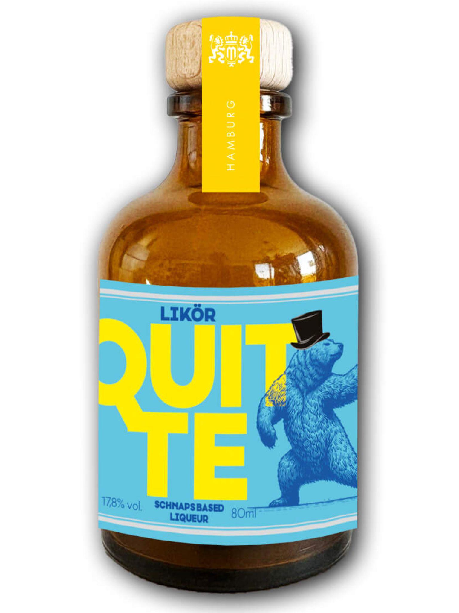 Quittenlikör in 80 ml-Apothekerflasche mit Holzverschluss und modernem gelb-goldenem Etikett.