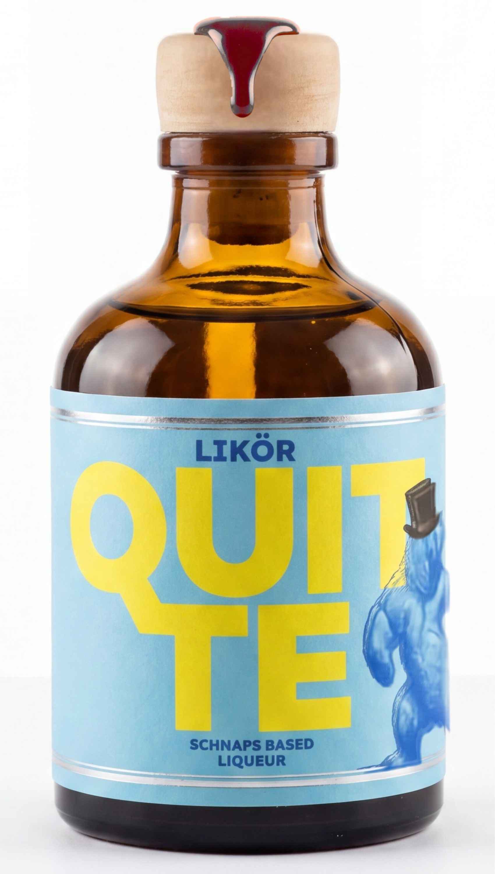 Quittenlikör in 80 ml-Apothekerflasche mit Holzverschluss und modernem gelb-goldenem Etikett.