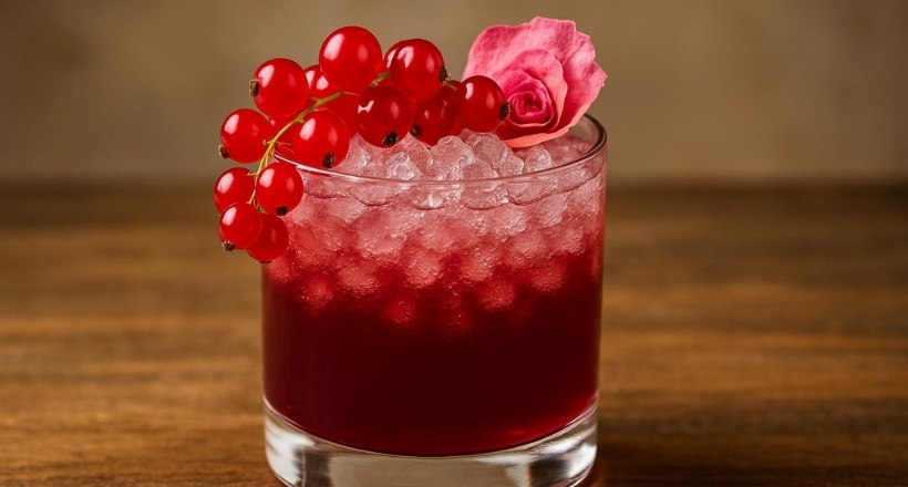 Ein Glas mit rotem Cocktail auf Eis, dekoriert mit roten Johannisbeeren und einer rosa Blume
