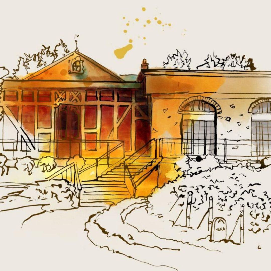 Aquarell-Illustration des Champagne Drappier Weinguts in Urville, Frankreich