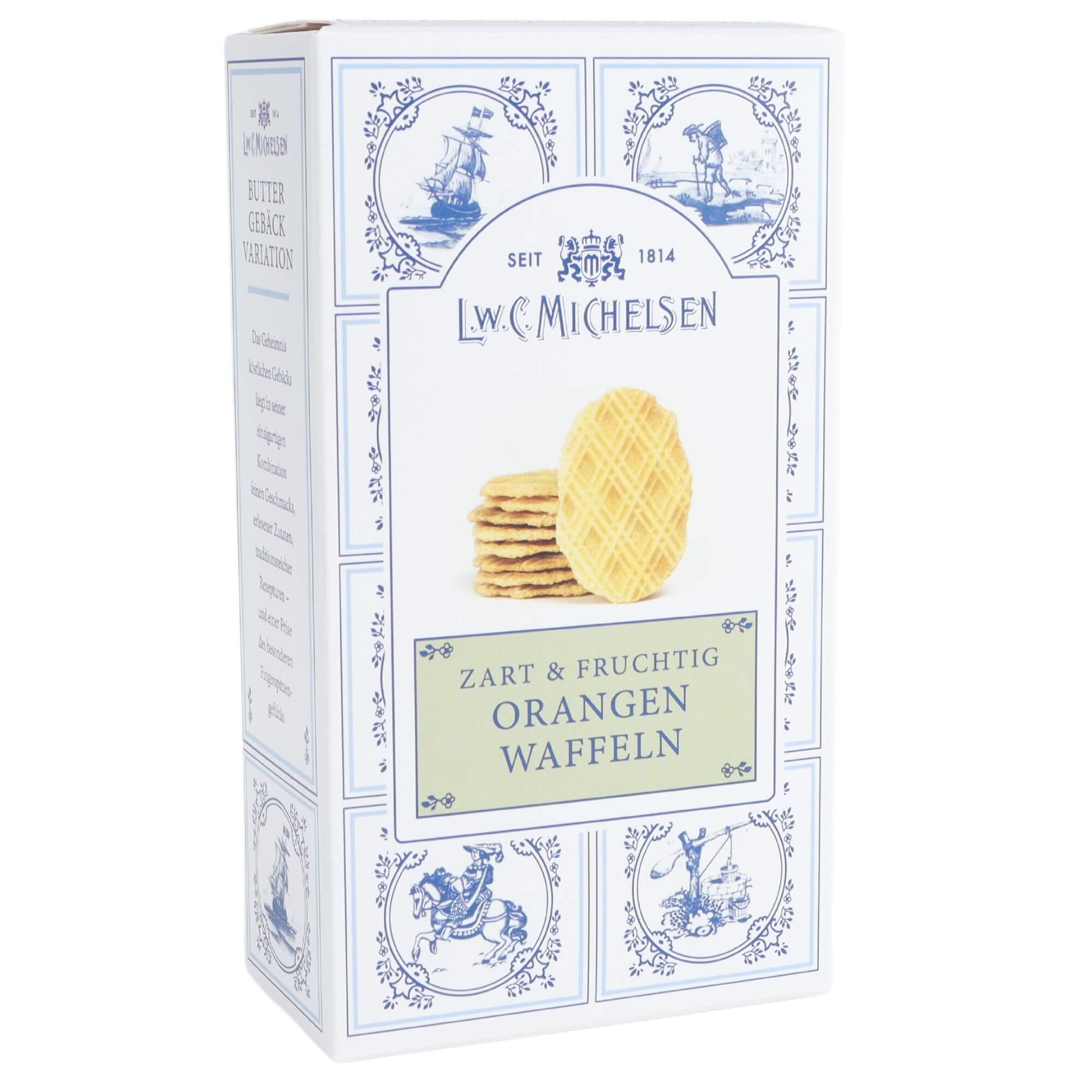 Verpackung von L.W.C. Michelsen zarten und fruchtigen Orangenwaffeln mit blauen Verzierungen und einer Abbildung der Waffeln