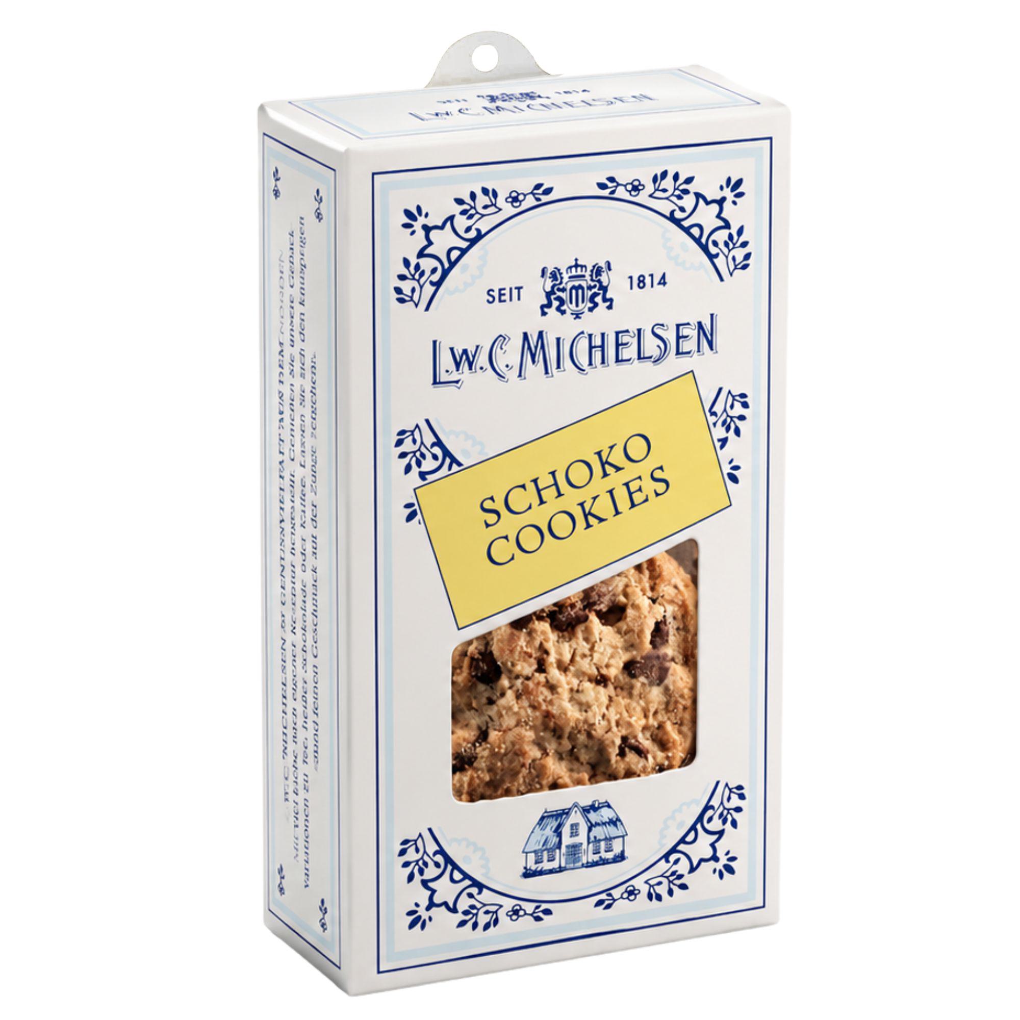L.W.C. Michelsen Schoko Cookies in weißer Faltschachtel mit blauem Dekor und Sichtfenster
