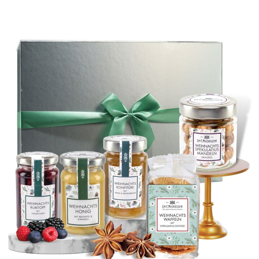 Geschenkbox: Weihnachts-Rumtopf, Honig, Konfitüre & Waffeln