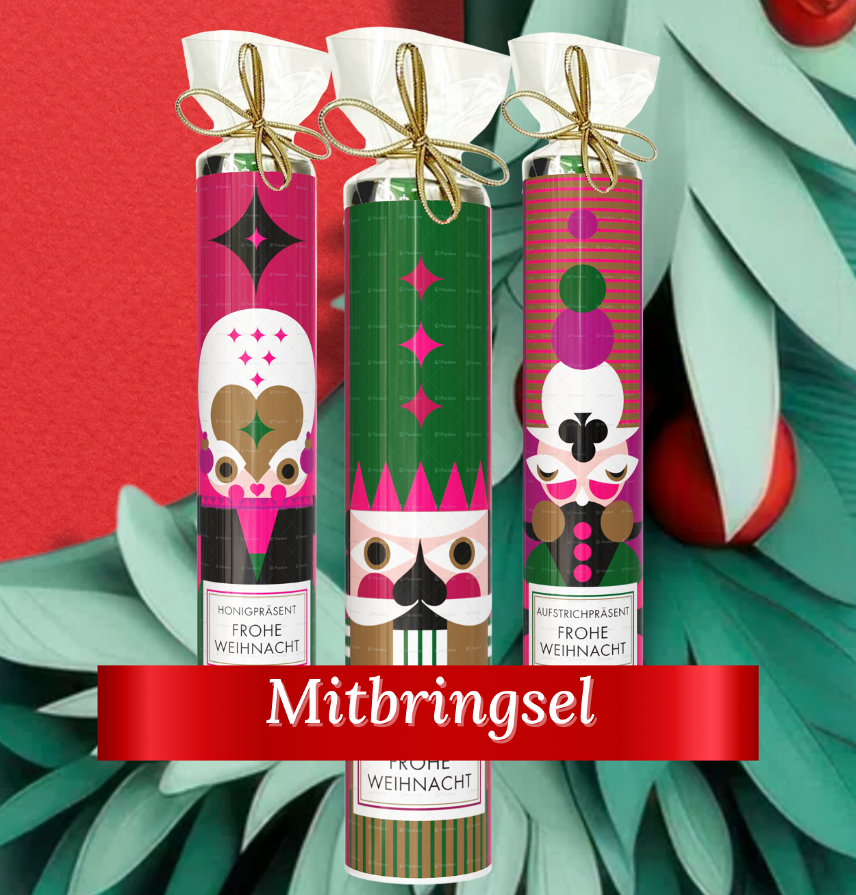 Drei weihnachtlich verpackte Geschenkröhren mit dekorativen Mustern und Grußbotschaft 'Frohe Weihnacht'.