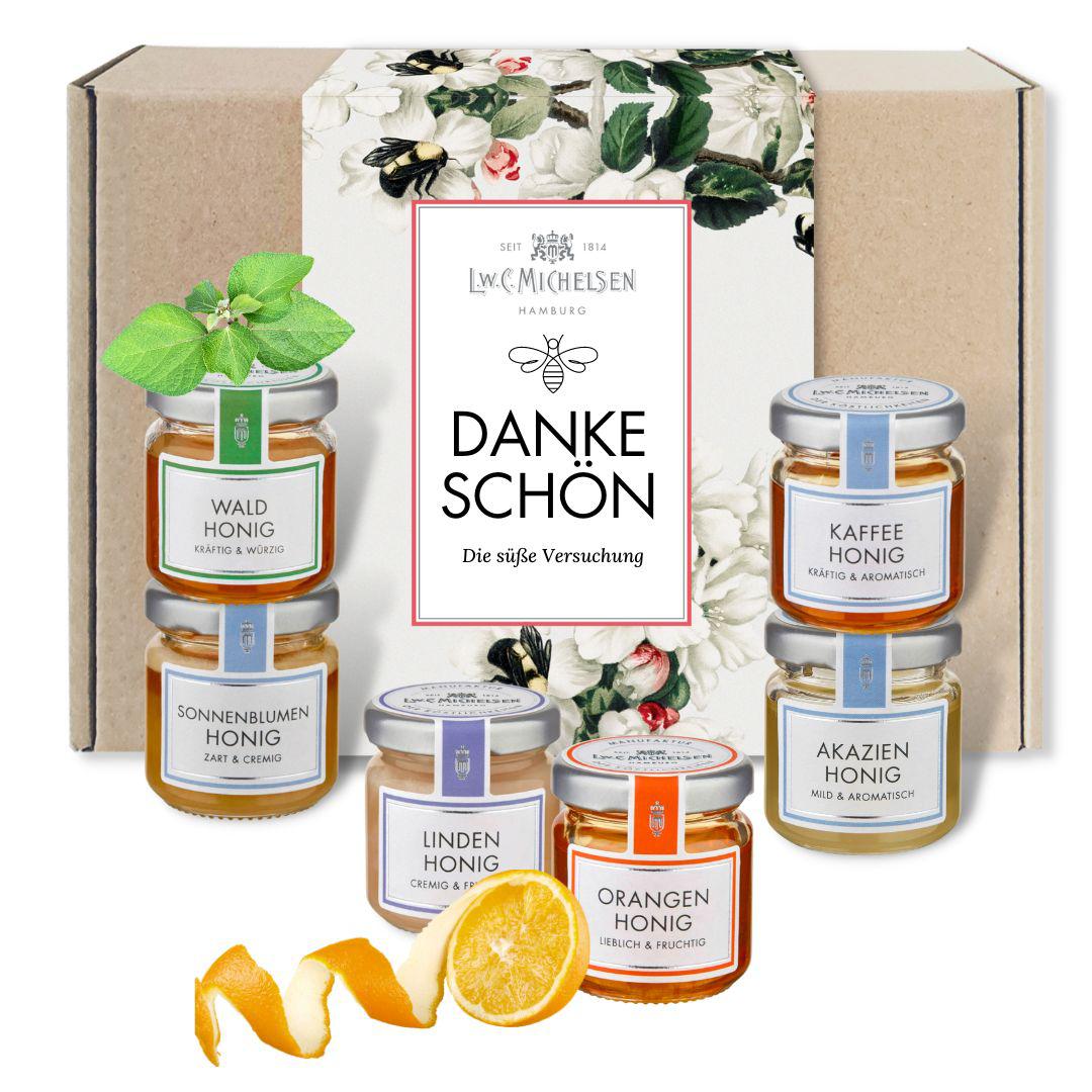 6er Set Honig "Danke schön" - Geschenk-Schachtel: Honigvielfalt als süßer Dank