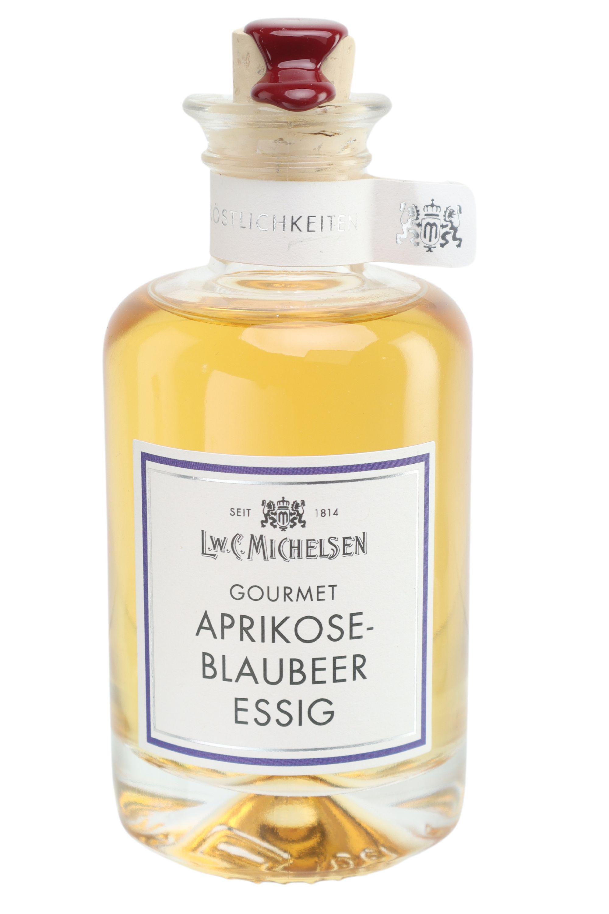 Gourmet Aprikose-Blaubeer Essig von L.W.C. Michelsen in hochwertiger Glasflasche mit Korkverschluss und rotem Wachssiegel – fruchtiger Feinkostessig