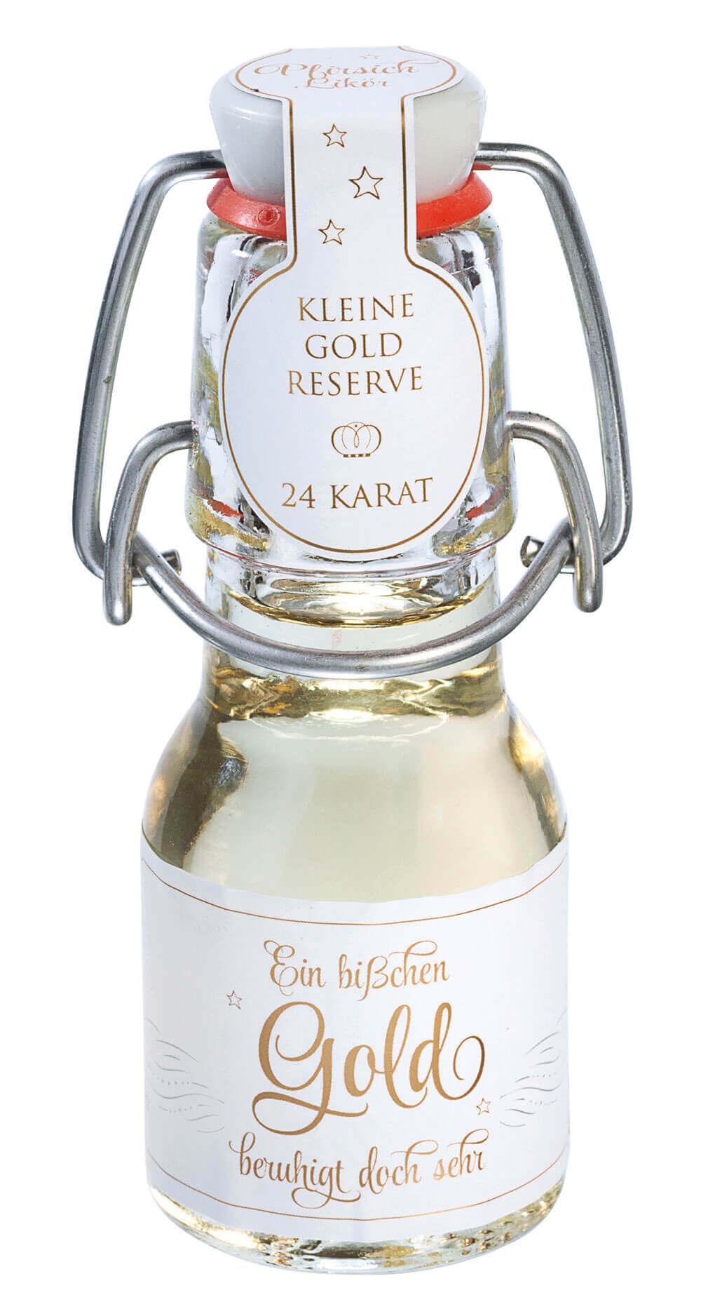 Gold beruhigt doch sehr -mini-: Entdecken Sie unseren exquisiten Pfirsich-Likör mit 24-karätigem Blattgold – ein wahrer...