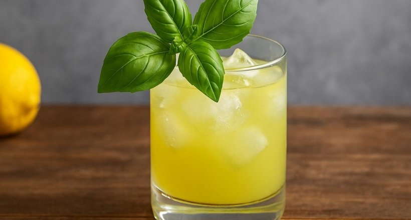 Ein Glas mit gelbem Zitronencocktail, Eiswürfeln und Basilikumblättern, auf einem Holztisch. Im Hintergrund eine Zitrone.
