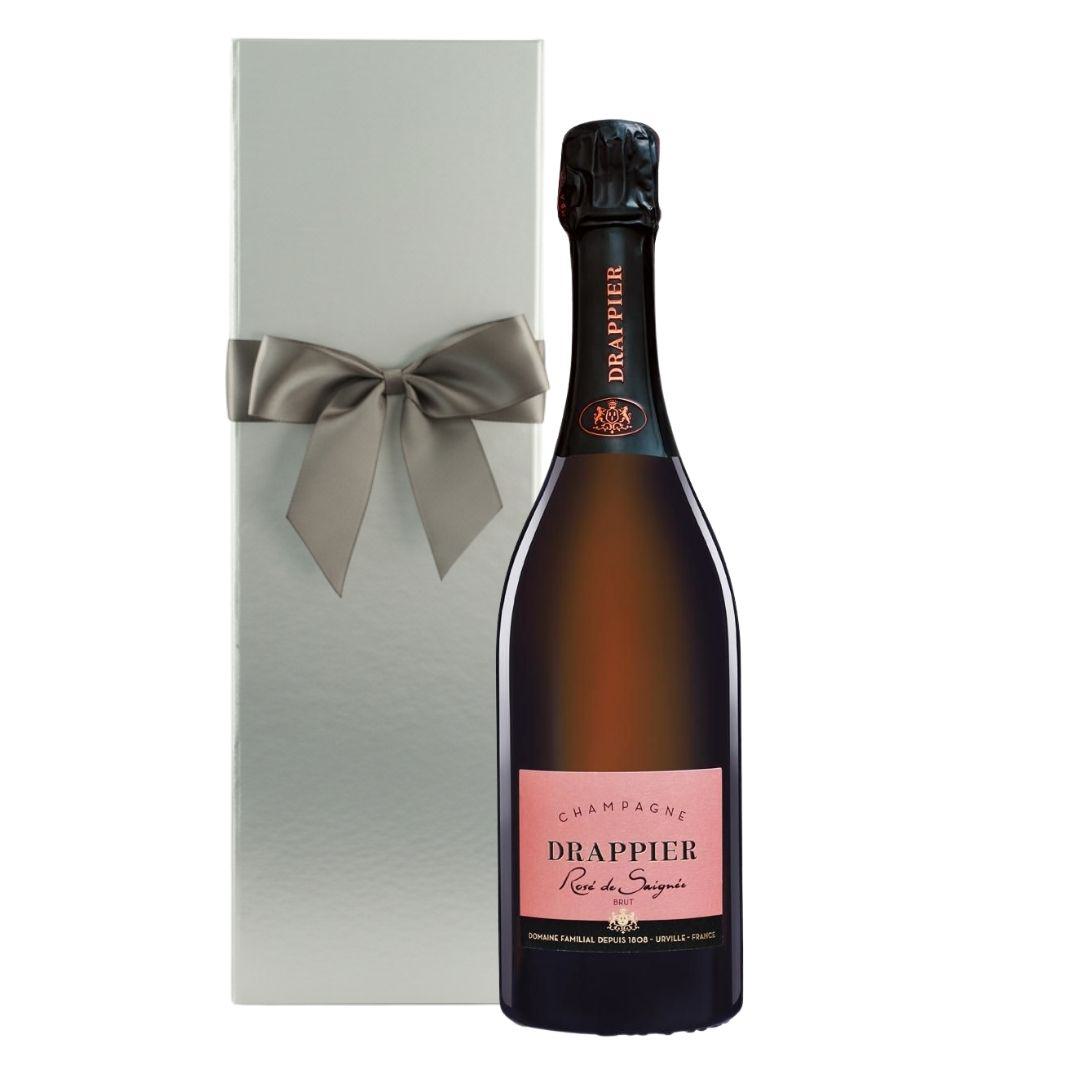 Champagne Drappier Rosé de Saignée Brut in silberner Magnetbox mit grauer Schleife