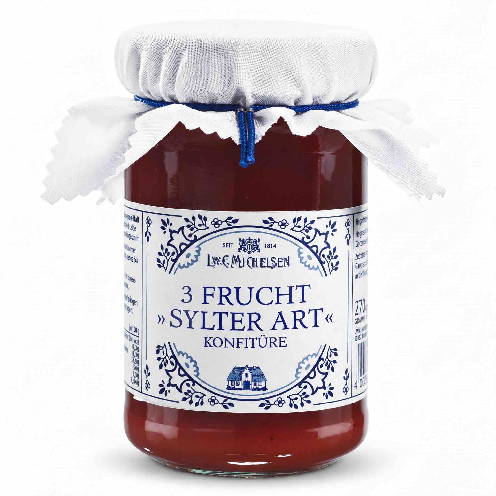 L.W.C. Michelsen 3 Frucht Sylter Art Konfitüre mit Stoffhaube
