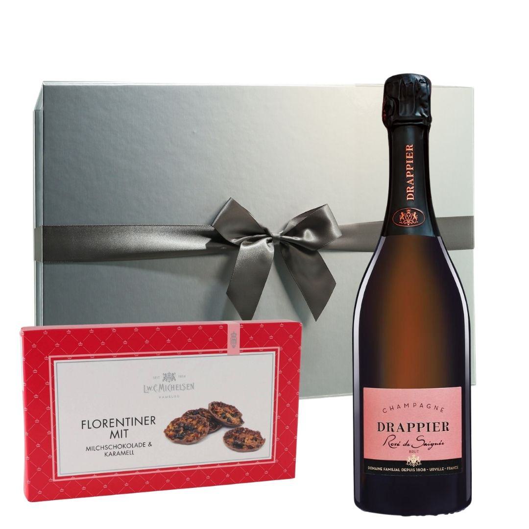 Geschenkbox mit Champagne Drappier Rosé & Florentiner, graue Schleife