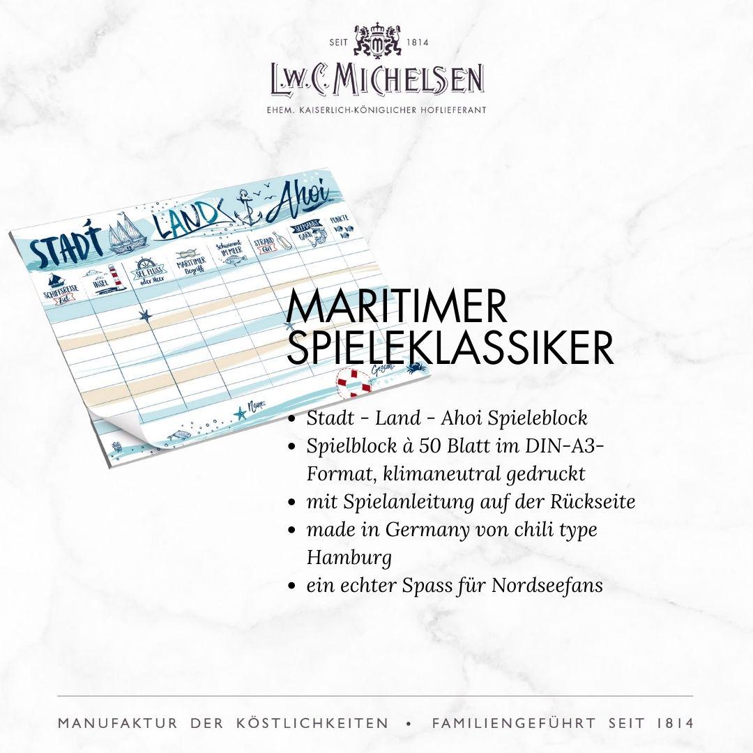Maritimer Spieleabend Box – Perfektes Geschenkset mit Likör, Waffeln und Stadt-Land-Fluss