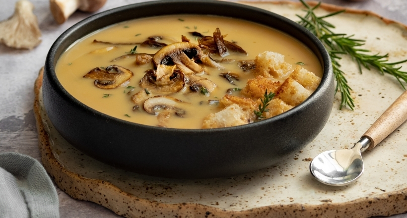 Eine cremige Pilzsuppe mit Croutons und Kräutern, serviert in einer schwarzen Schüssel auf einem rustikalen Teller mit einem Löffel daneben.