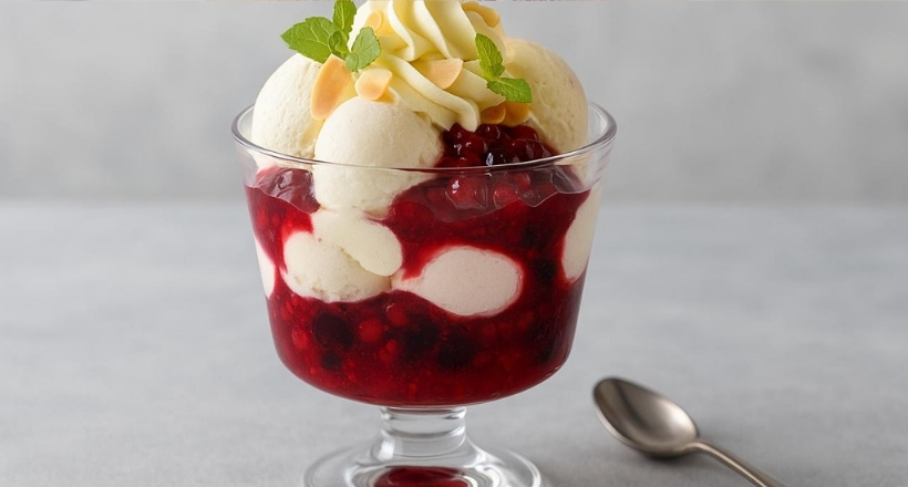 Ein Eisbecher mit Vanilleeis, Erdbeersoße, einer Kirsche und einer Waffelspitze