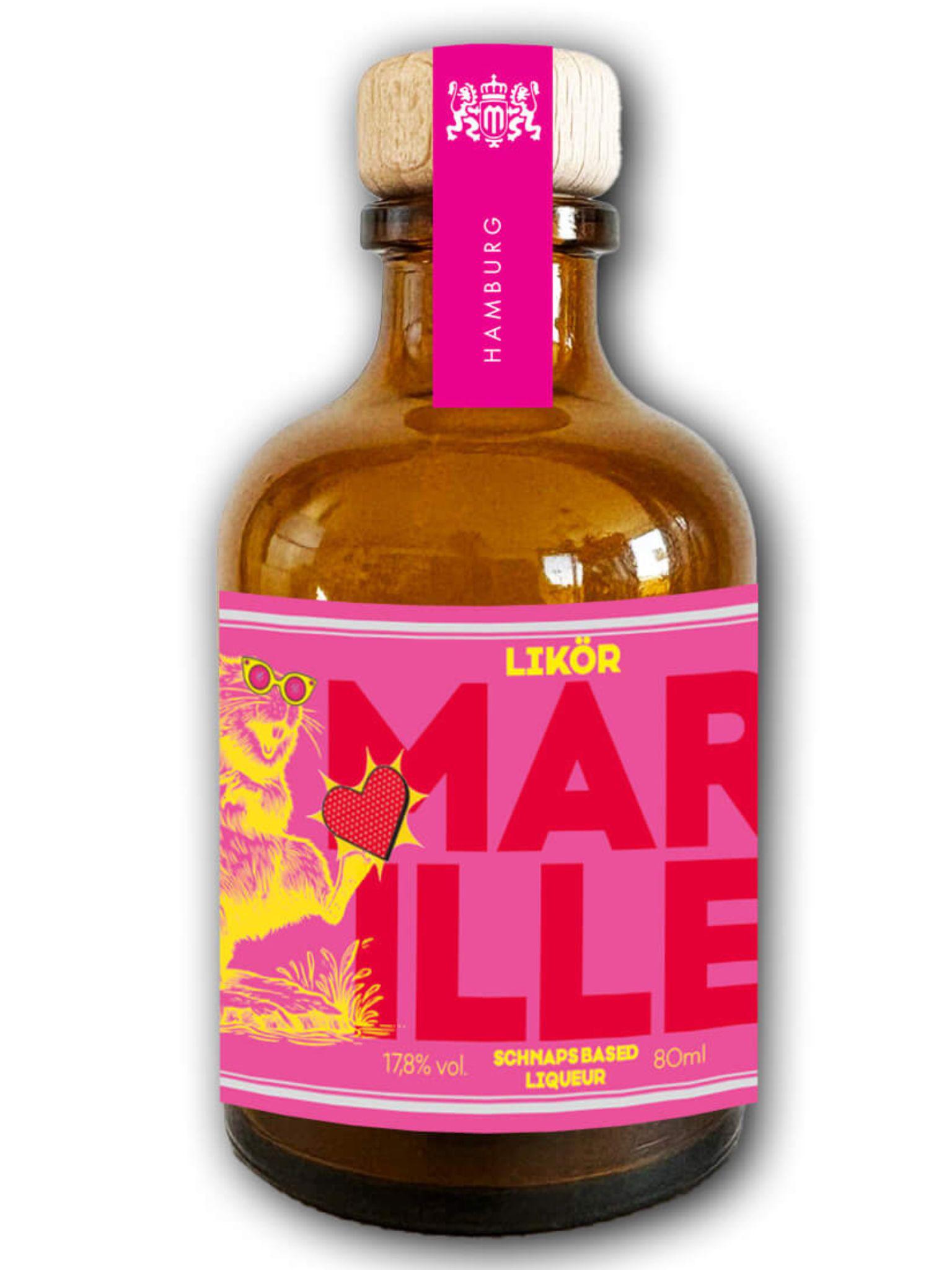 Marillenlikör in 80 ml-Apothekerflasche mit Holzverschluss und modernem orangefarbenem Etikett.