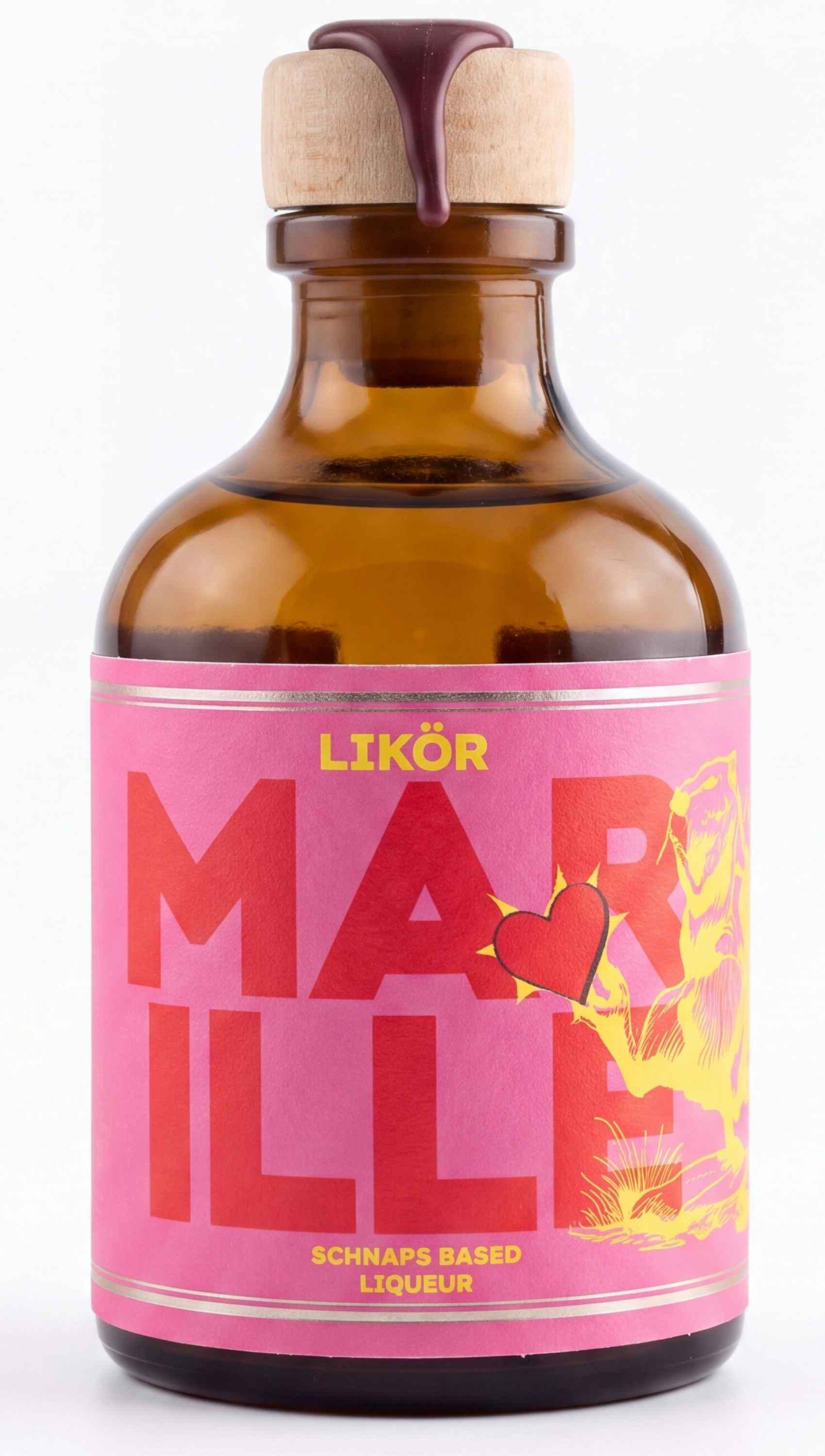 Marillenlikör in 80 ml-Apothekerflasche mit Holzverschluss und modernem orangefarbenem Etikett.