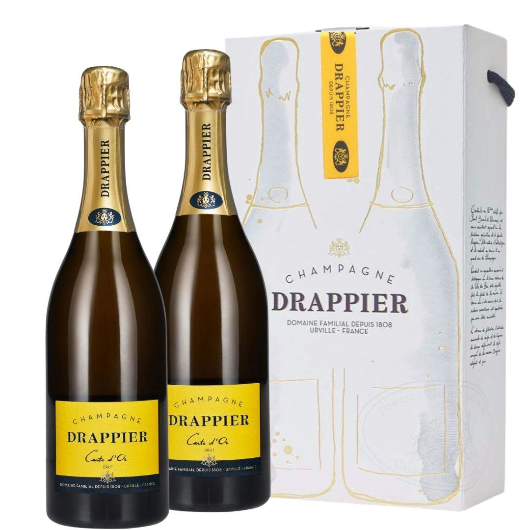 Zwei Flaschen Champagne Drappier Carte d'Or Brut mit weißer Geschenkverpackung