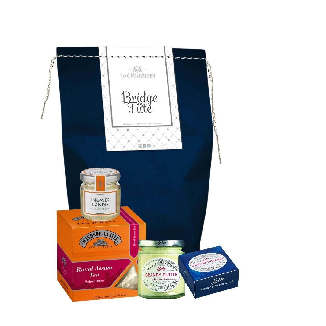 Bridge Tüte mit Windsor Castle Royal Assam Tea, Ingwer Kandis, Tiptree Brandy Butter und Christmas Pudding