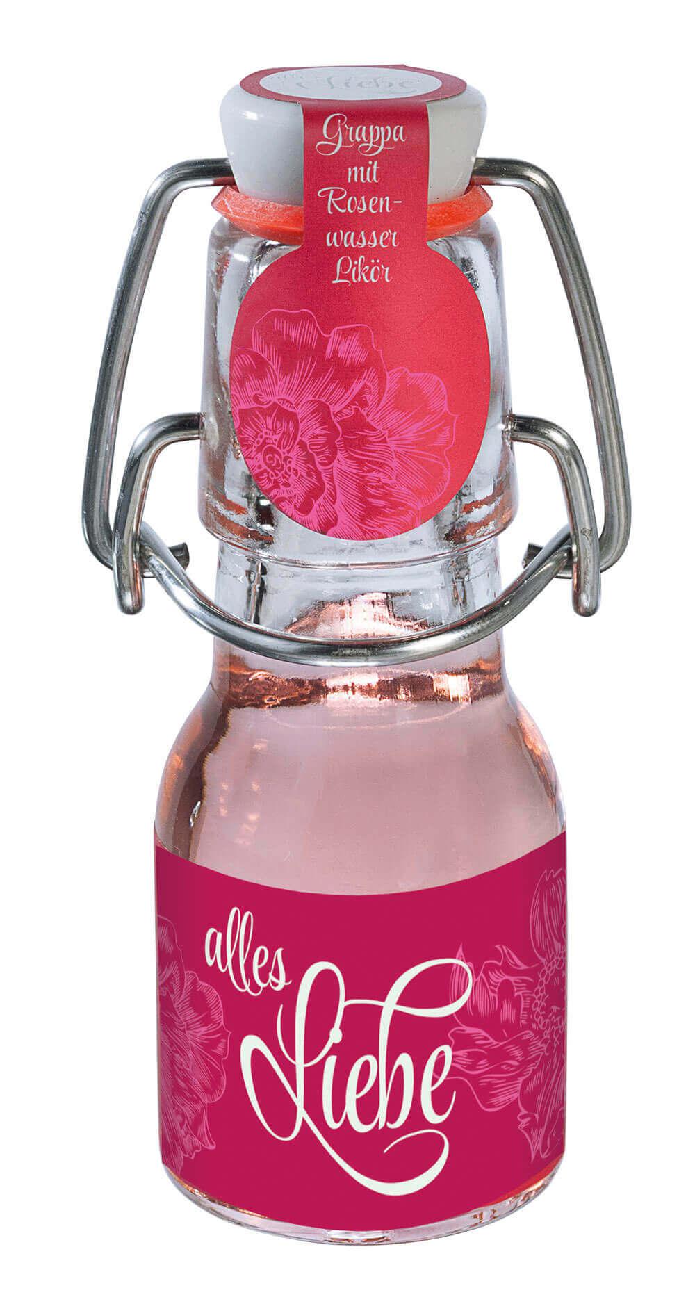 Alles Liebe -mini-: Entdecken Sie unseren feinen Rosengrappa-Likör, der mit seinem zarten Rosenaroma jeden Anlass veredelt....