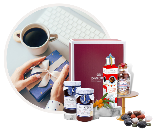 Individuell gestaltete Firmengeschenke von L.W.C. Michelsen – mit Banderole, Etikett und Logo