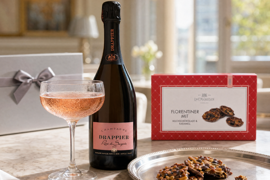 Firmenpräsent “Großer Auftritt” — Champagner und Florentiner in der Michelsen-Präsentbox