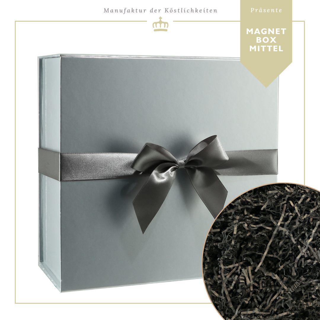 Magnetbox mittlere Größe in Silber mit dunkelgrauer Seidenschleife und schwarzem Füllmaterial