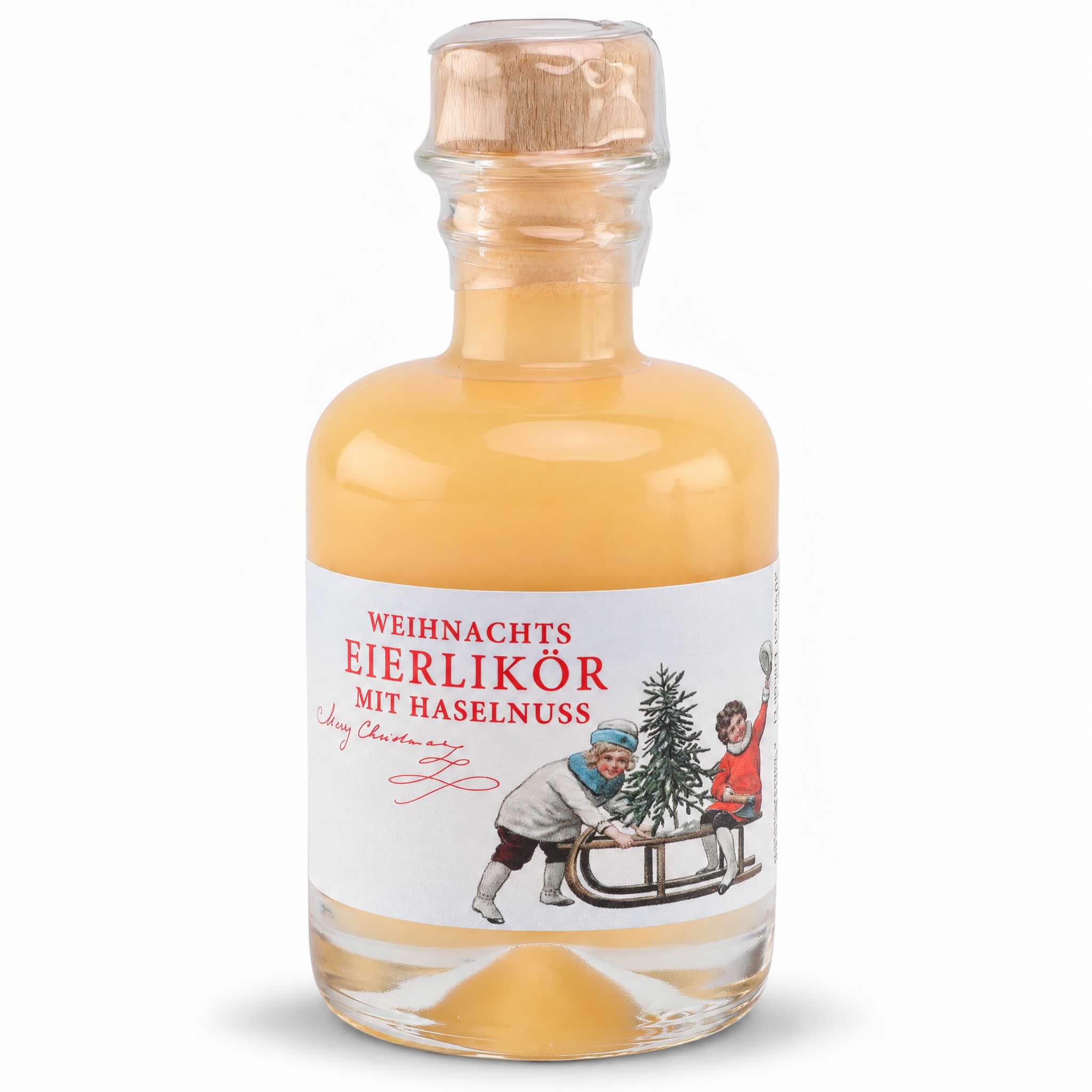 Weihnachts-Eierlikör mit Haselnuss, Miniflasche mit Kindern & Schlitten