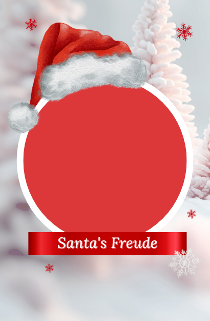 Kreisförmiges Weihnachtsdesign mit roter Santa-Mütze und Schriftzug 'Santa's Freude' auf verschneitem Hintergrund.