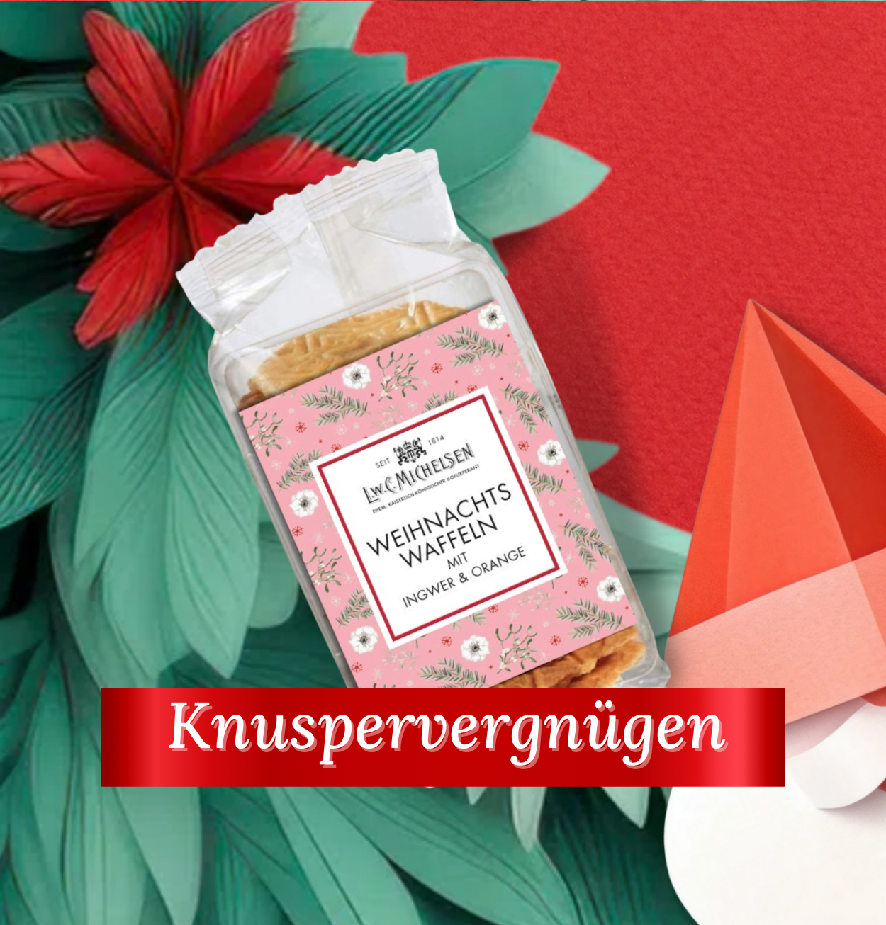Verpackung von Weihnachtswaffeln mit Ingwer und Orange, umgeben von weihnachtlichen Dekorationen